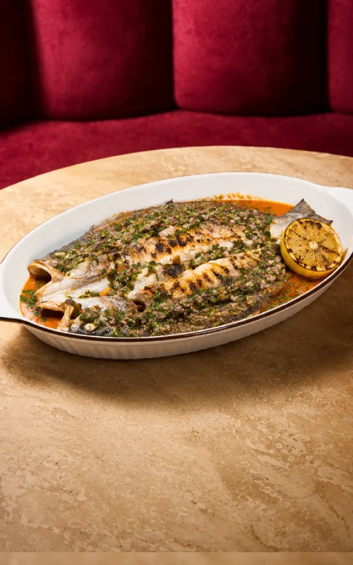 Grilled Sea bass with Romesco Gochujang